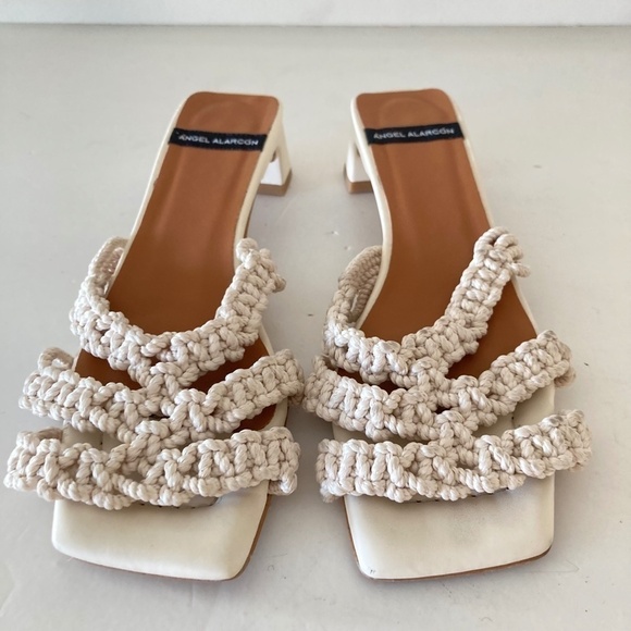 Angel Alarcon Anthropologie Woven Neutral Rope Strappy Square Toe Heels Sz 37 - Picture 5 of 8